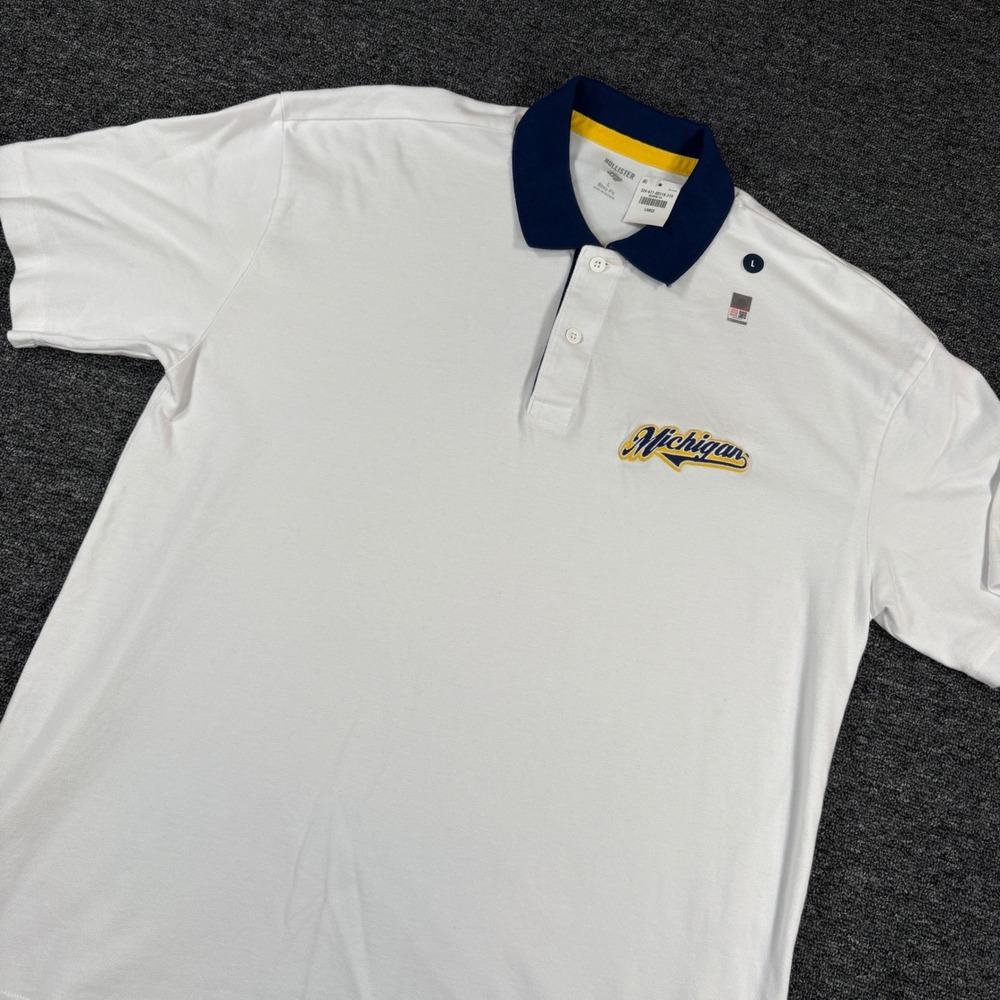 Hollister Polo Shirt Mens Large White Michigan Wolverines Boxy Fit NWT